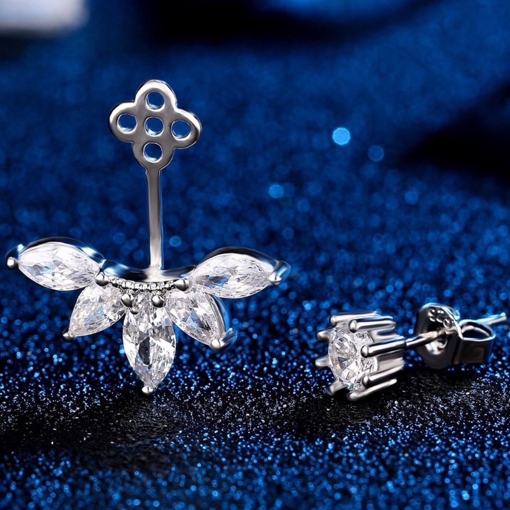 Silver & Crystal Earring Studs w/Matching Jackets - Picture 2 of 8